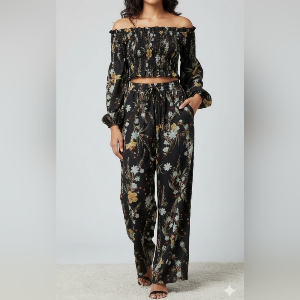 Women's Smocked Chiffon Balloon Sleeve Blouse/ Palazzo Pants 2pc BLACK XS/S